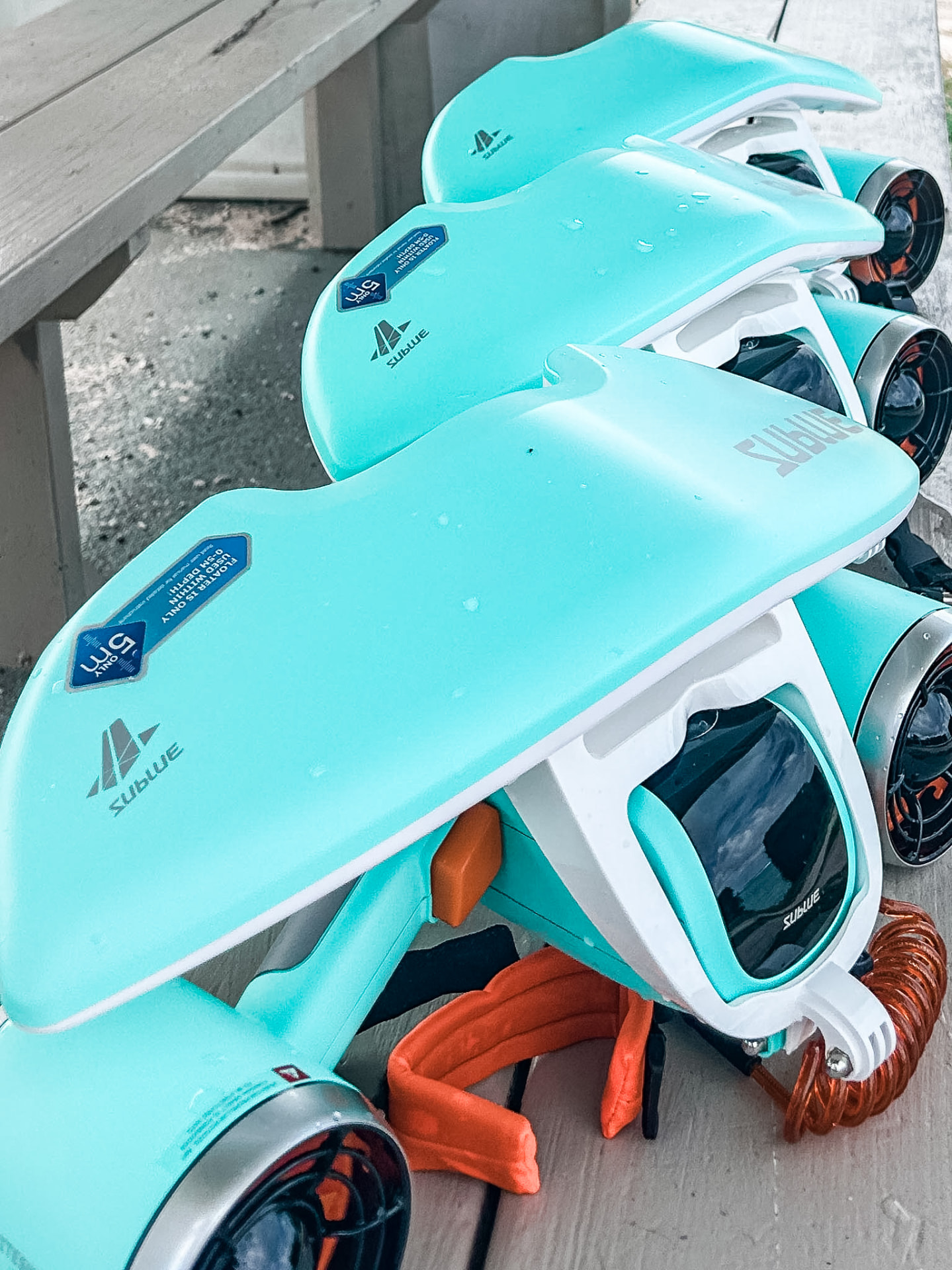 Close-up of Sublue sea scooters and masks ready for hire
